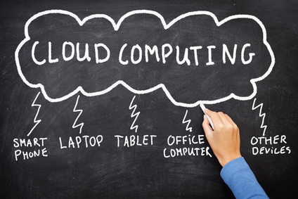 Black background with cloud computing and words underneath 