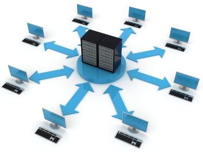 server with arrows pointing to computer monitors