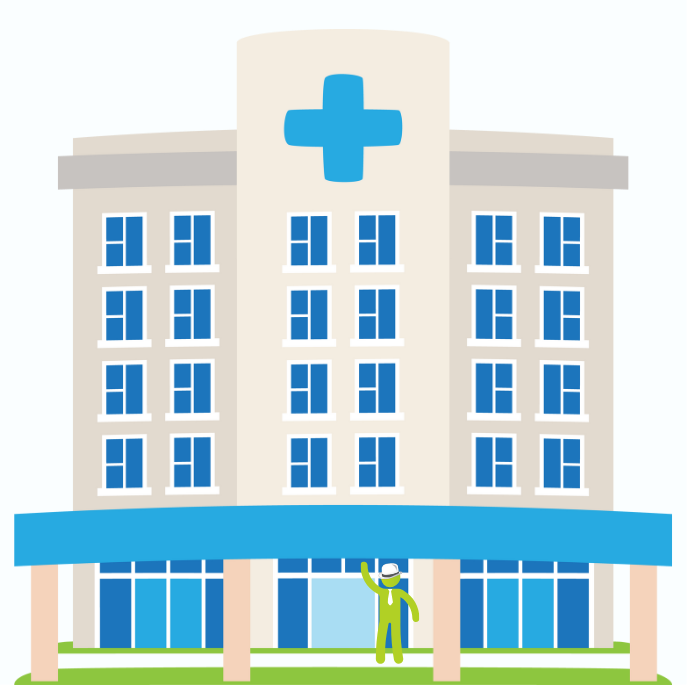 Norman, a green stick figure wearing a white hat and tie standing and waving in front of a hospital.